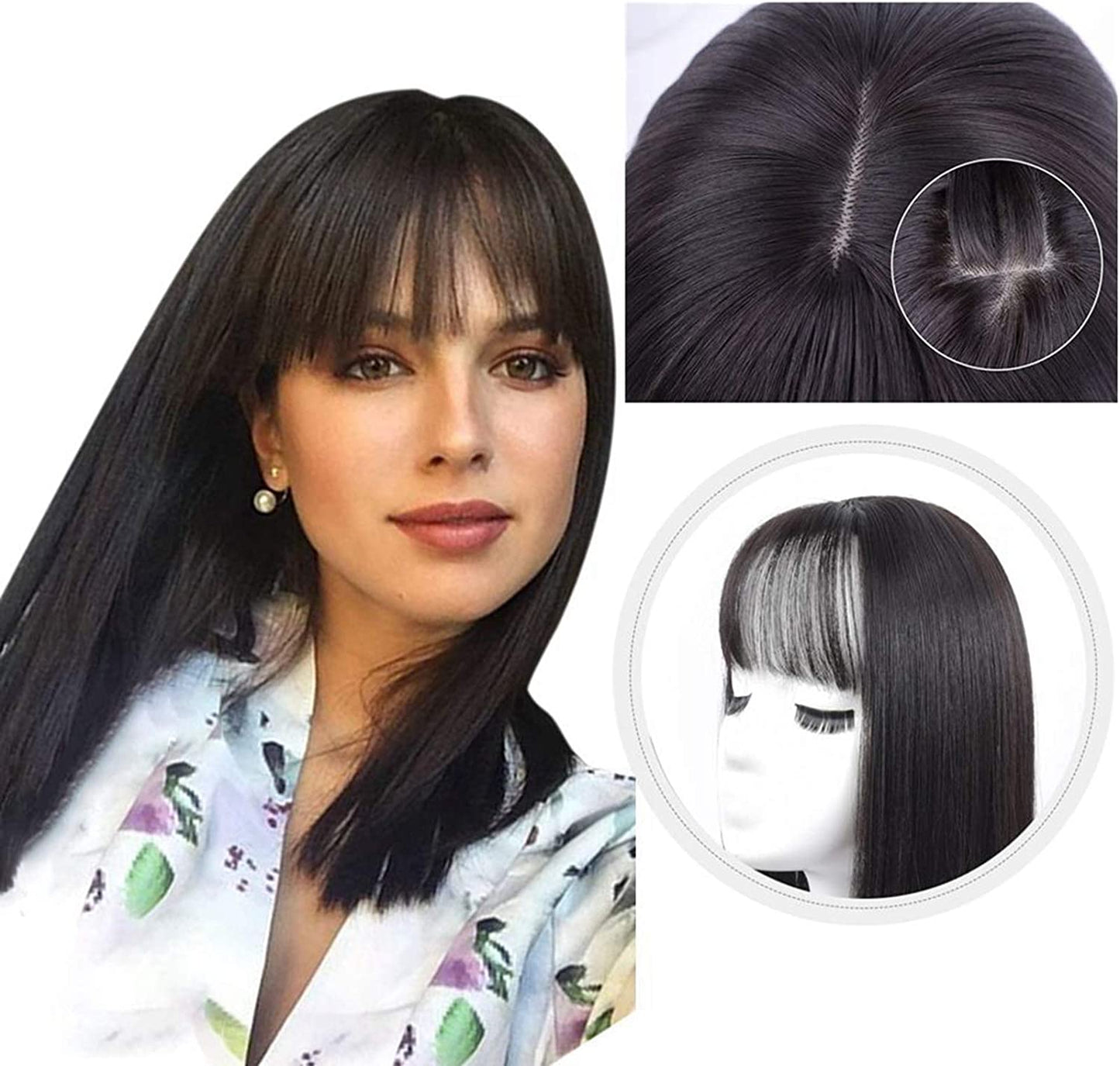 100% Human Hair Toppers Clip In Crown Toppers With 3D Air Bangs Hair For Women Straight Hair Bangs Toupee Mid Part Wiglets Hairpieces for Mild Hair Loss Volume Cover Gray Hair (Light Brown, 25 cm)