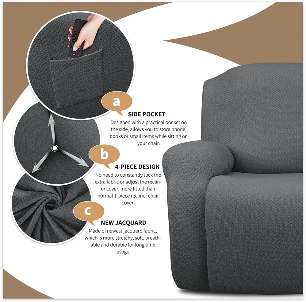 4 Pieces Stretch Recliner Chair Covers Sofa Slipcover for Recliner Chair Spandex Soft Recliner Slipcover with Pockets Recliner Furniture Protector (Dark Gray)